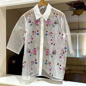 Maggie Sweet Women's Floral Embroidered Sheer Button Up Top Size 1X